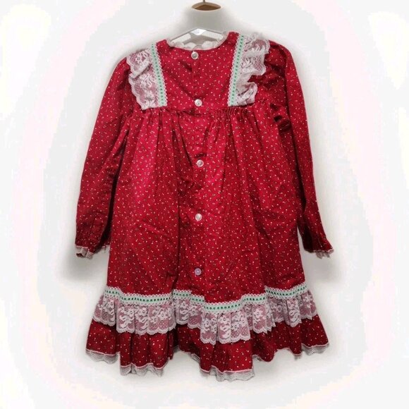 Bryan Vintage Floral CHRISTMAS DRESS Girls Size 5 Red Green Holiday Ruffle 1980s - Picture 3 of 8